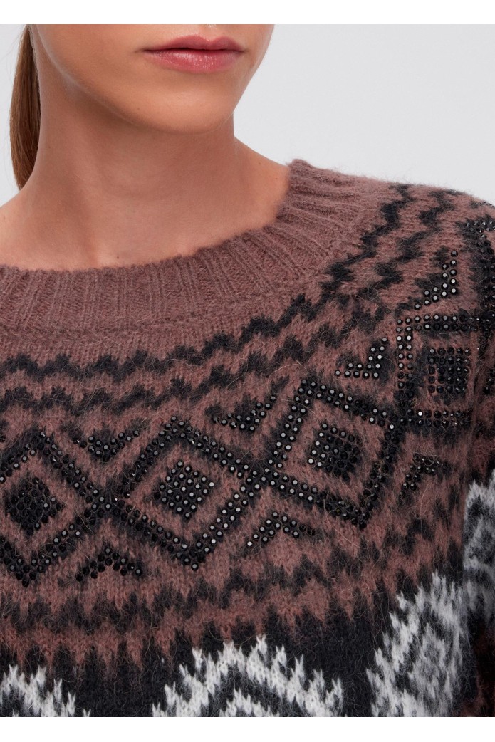 SUÉTER DE PUNTO JACQUARD CON ESTAMPADO DE ROMBO Y PEDRERÍA - ermanno firenze
