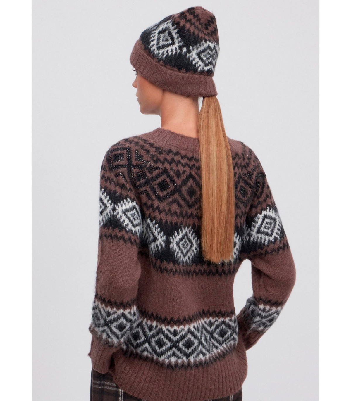 SUÉTER DE PUNTO JACQUARD CON ESTAMPADO DE ROMBO Y PEDRERÍA - ermanno firenze