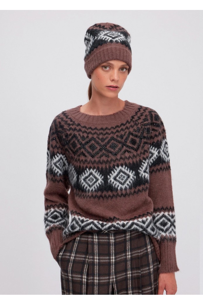 SUÉTER DE PUNTO JACQUARD CON ESTAMPADO DE ROMBO Y PEDRERÍA - ermanno firenze