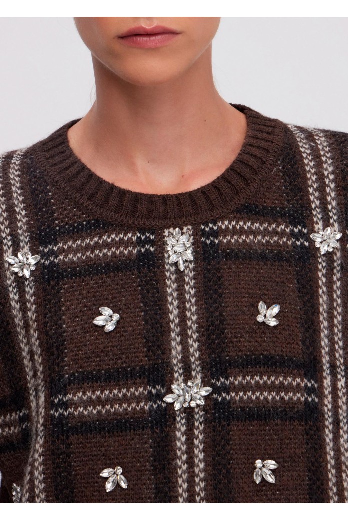 SUÉTER DE JACQUARD ESCOCÉS CON BORDADO DE JOYAS - ermanno firenze