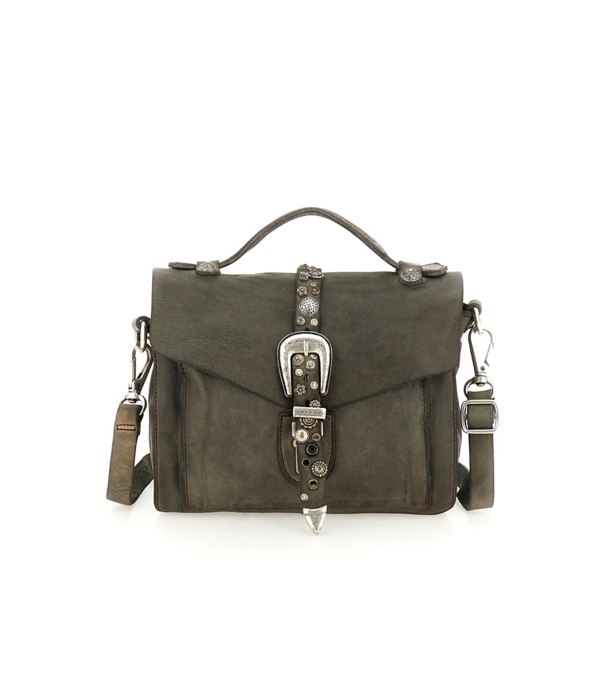 Bolso bandolera "PORZIA" en piel de vacuno teñida en prenda con tachuelas y pedrería - Campomaggi
