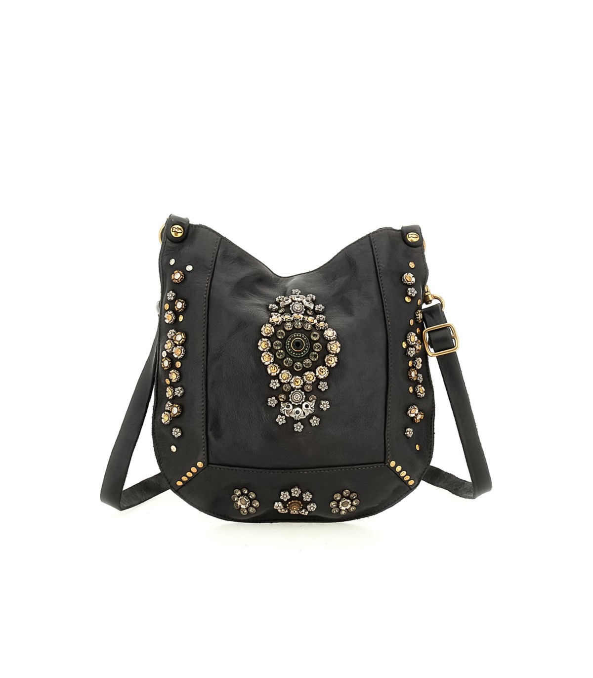 Bolso bandolera "Nora" en piel de vacuno teñida en prenda con tachuelas y pedrería - campomaggi